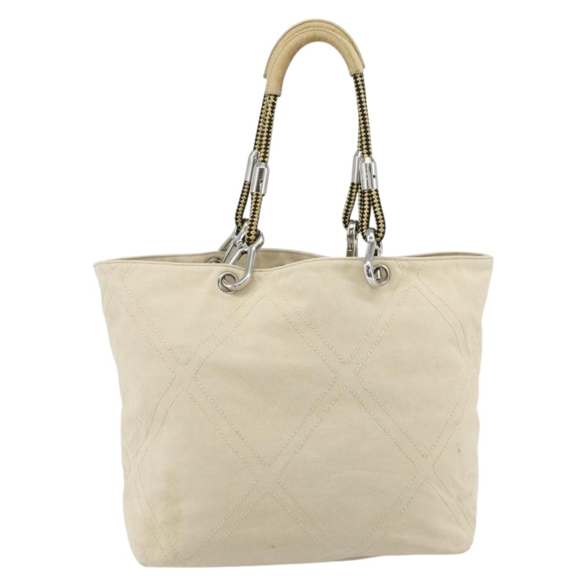 CHANEL Tote Bag Canvas Ivory Silver CC Auth BA12328
