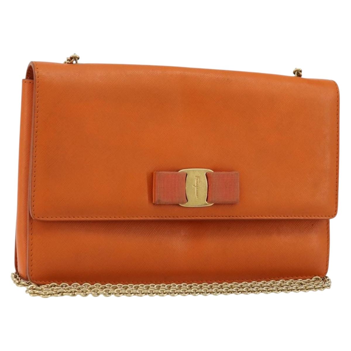Salvatore Ferragamo Vala Chain Shoulder Bag Leather Orange Gold Auth BA12335