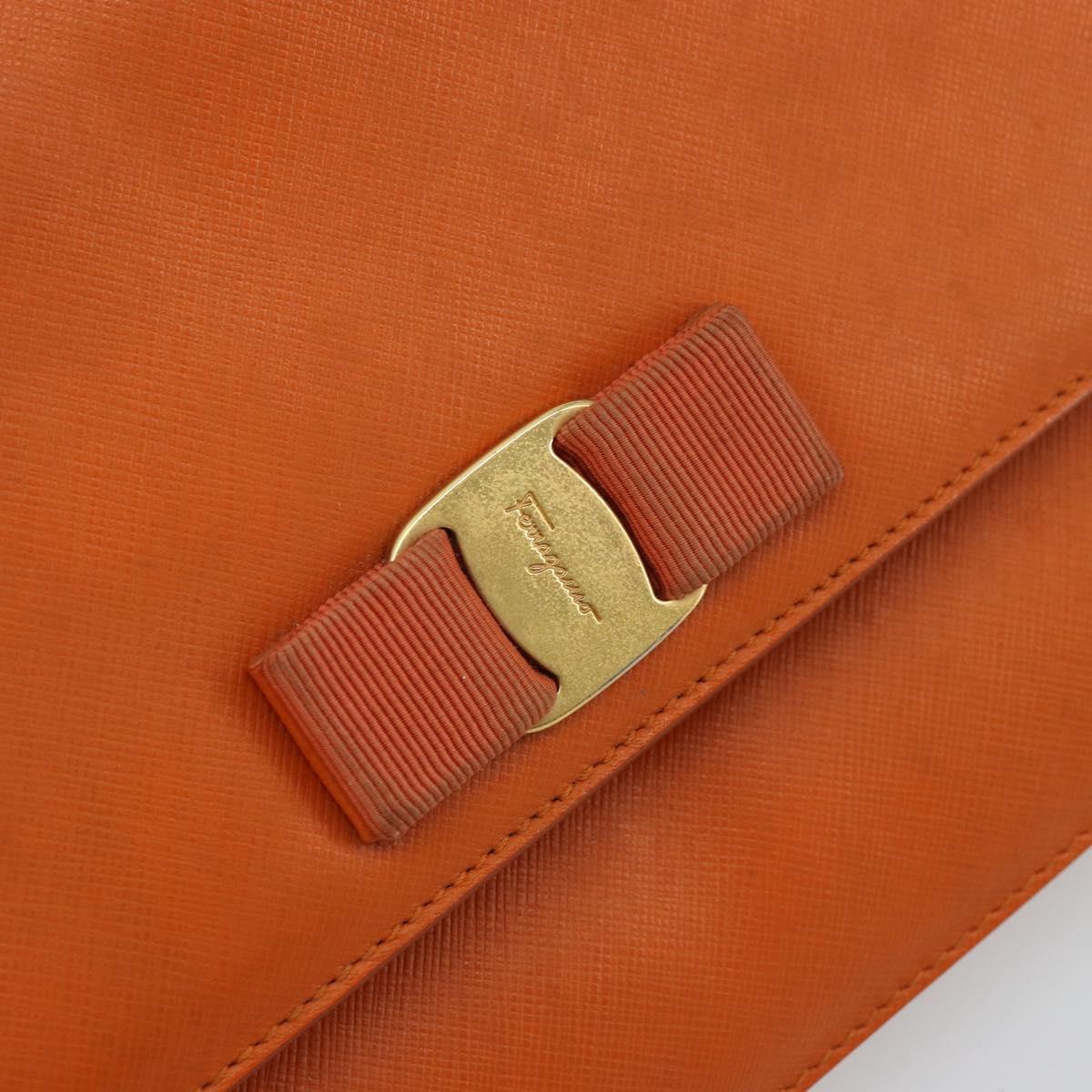 Salvatore Ferragamo Vala Chain Shoulder Bag Leather Orange Gold Auth BA12335