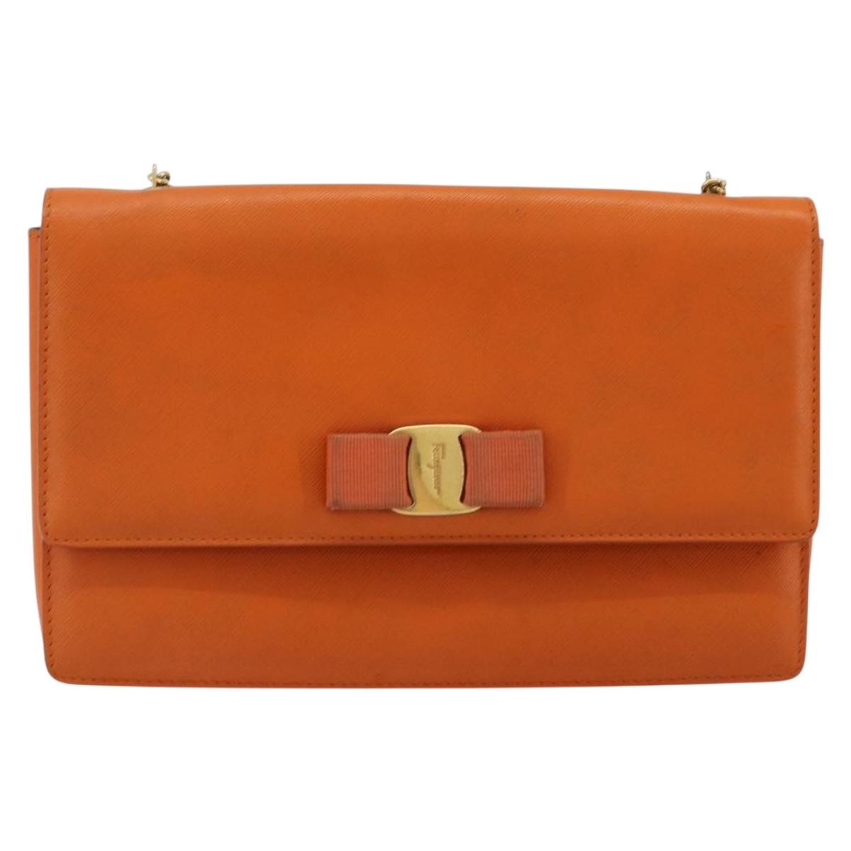 Salvatore Ferragamo Vala Chain Shoulder Bag Leather Orange Gold Auth BA12335