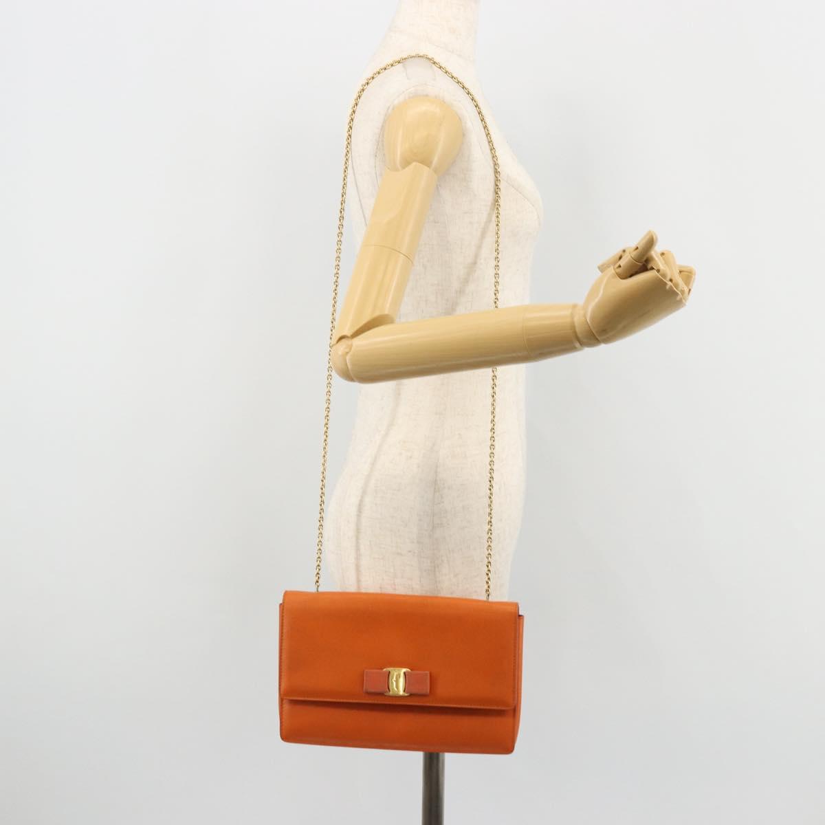 Salvatore Ferragamo Vala Chain Shoulder Bag Leather Orange Gold Auth BA12335