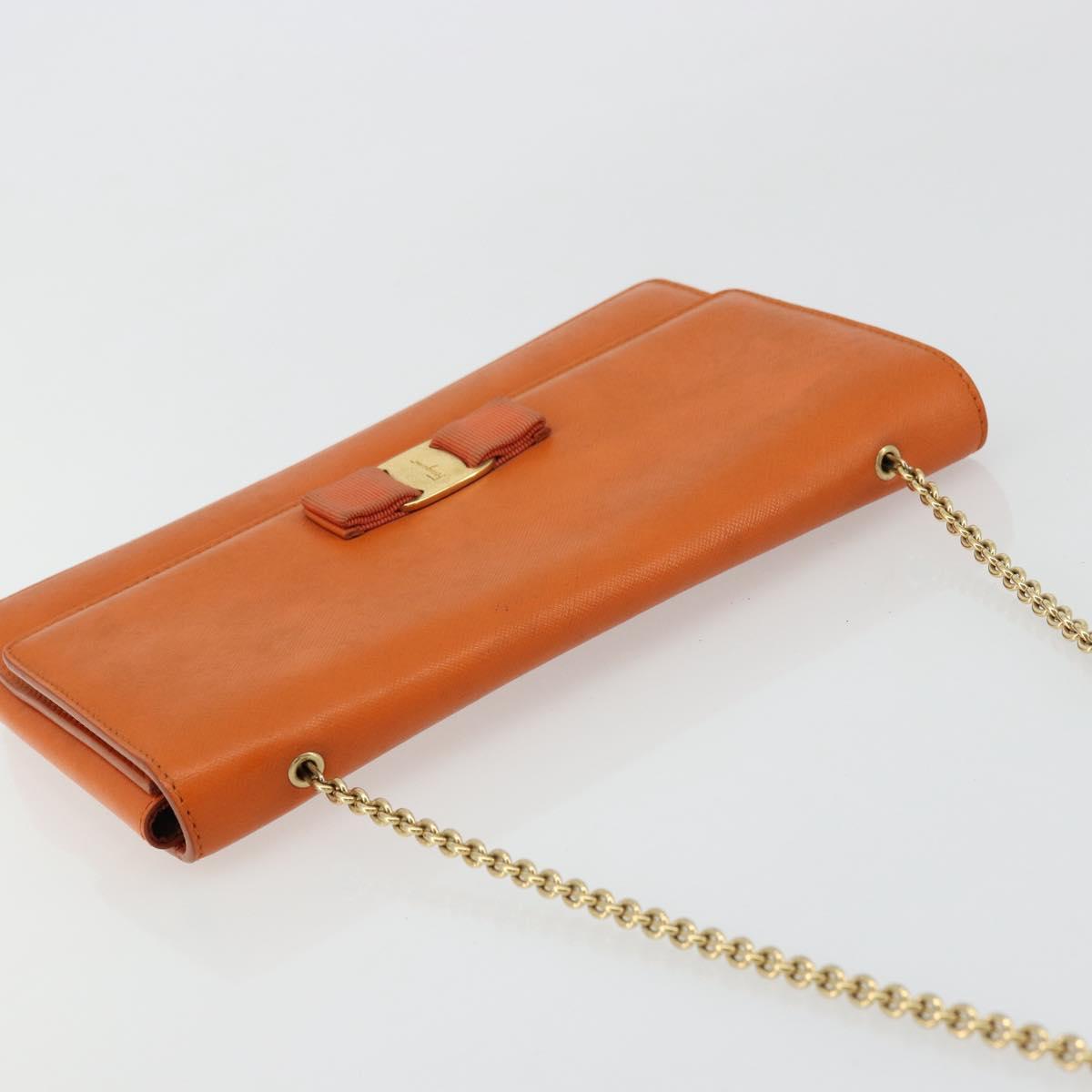 Salvatore Ferragamo Vala Chain Shoulder Bag Leather Orange Gold Auth BA12335