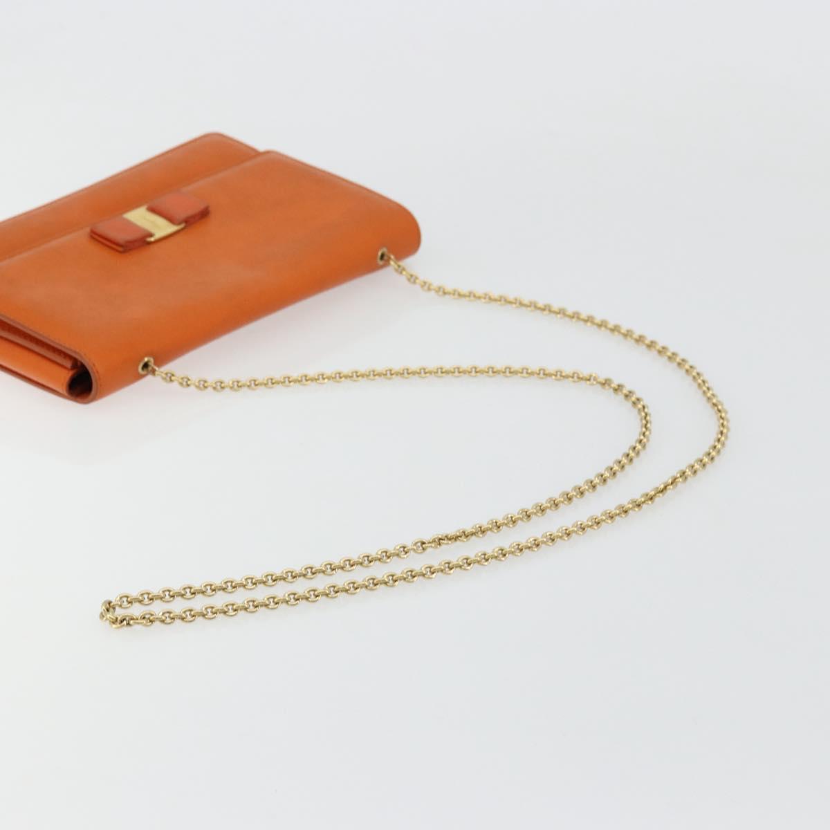 Salvatore Ferragamo Vala Chain Shoulder Bag Leather Orange Gold Auth BA12335