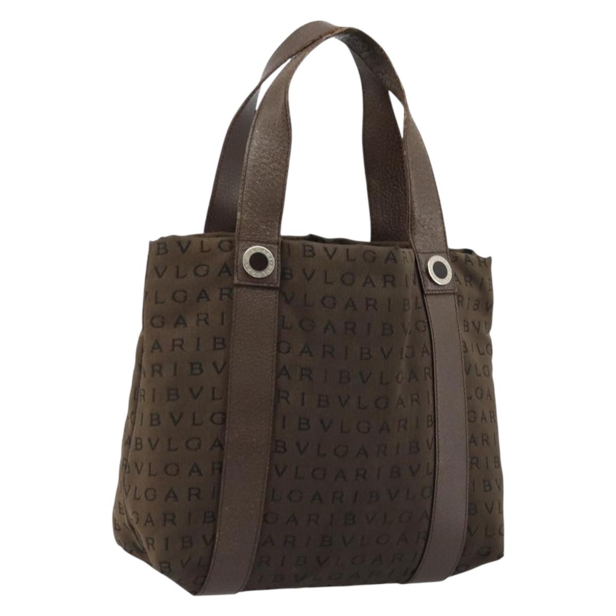 BVLGARI Logo Mania Hand Bag Canvas Brown Silver Auth BA12368
