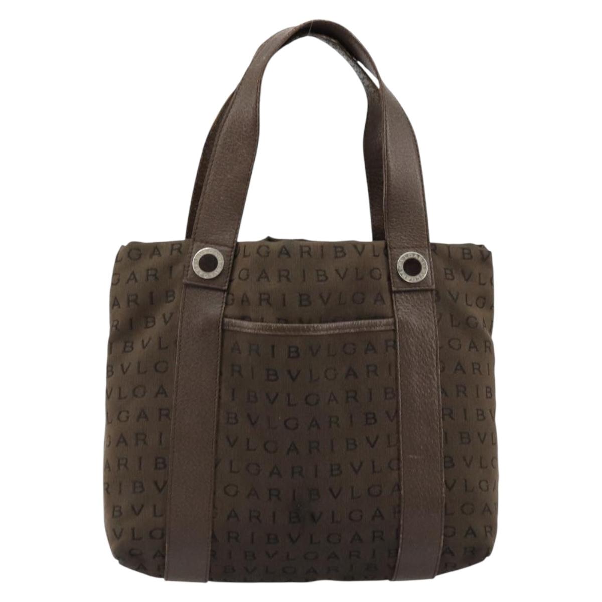 BVLGARI Logo Mania Hand Bag Canvas Brown Silver Auth BA12368