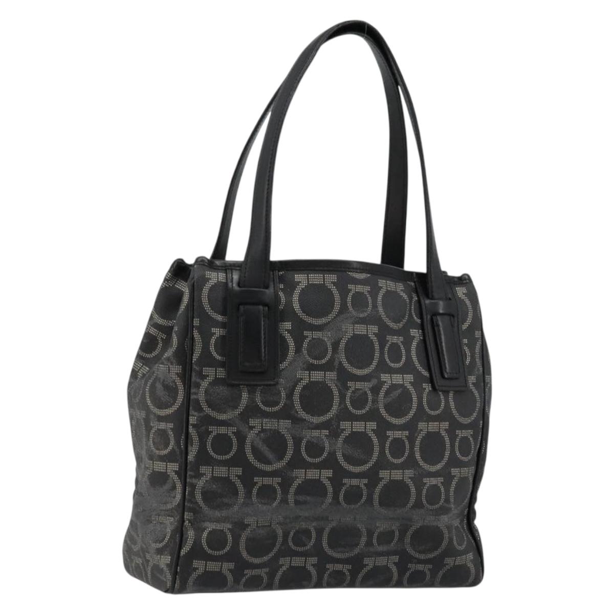 Salvatore Ferragamo Gancini Hand Bag PVC Leather Black Silver Auth BA12370