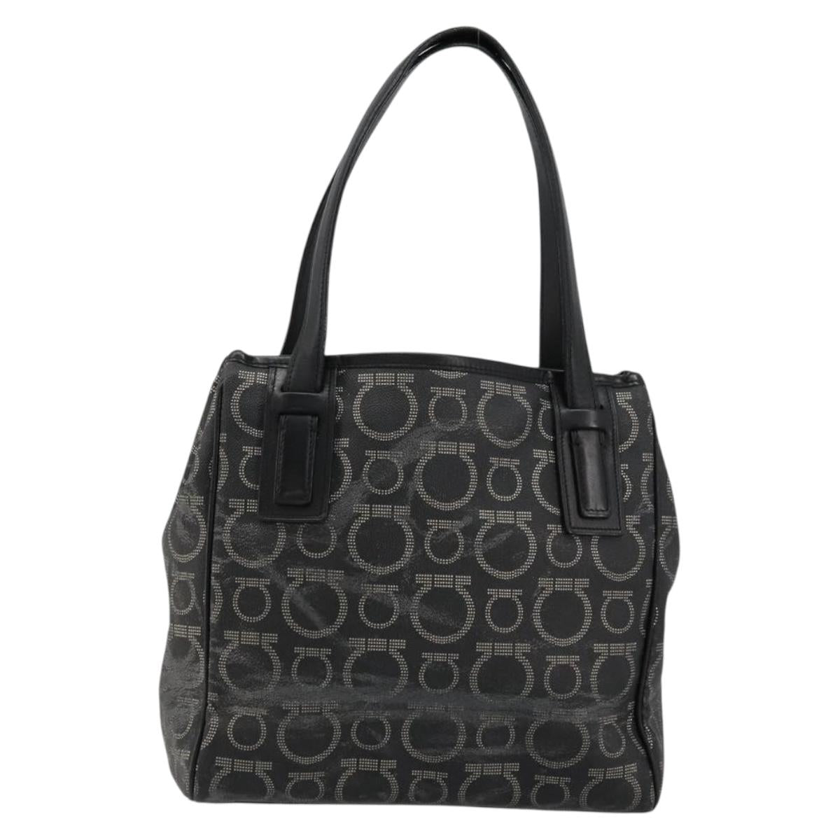 Salvatore Ferragamo Gancini Hand Bag PVC Leather Black Silver Auth BA12370