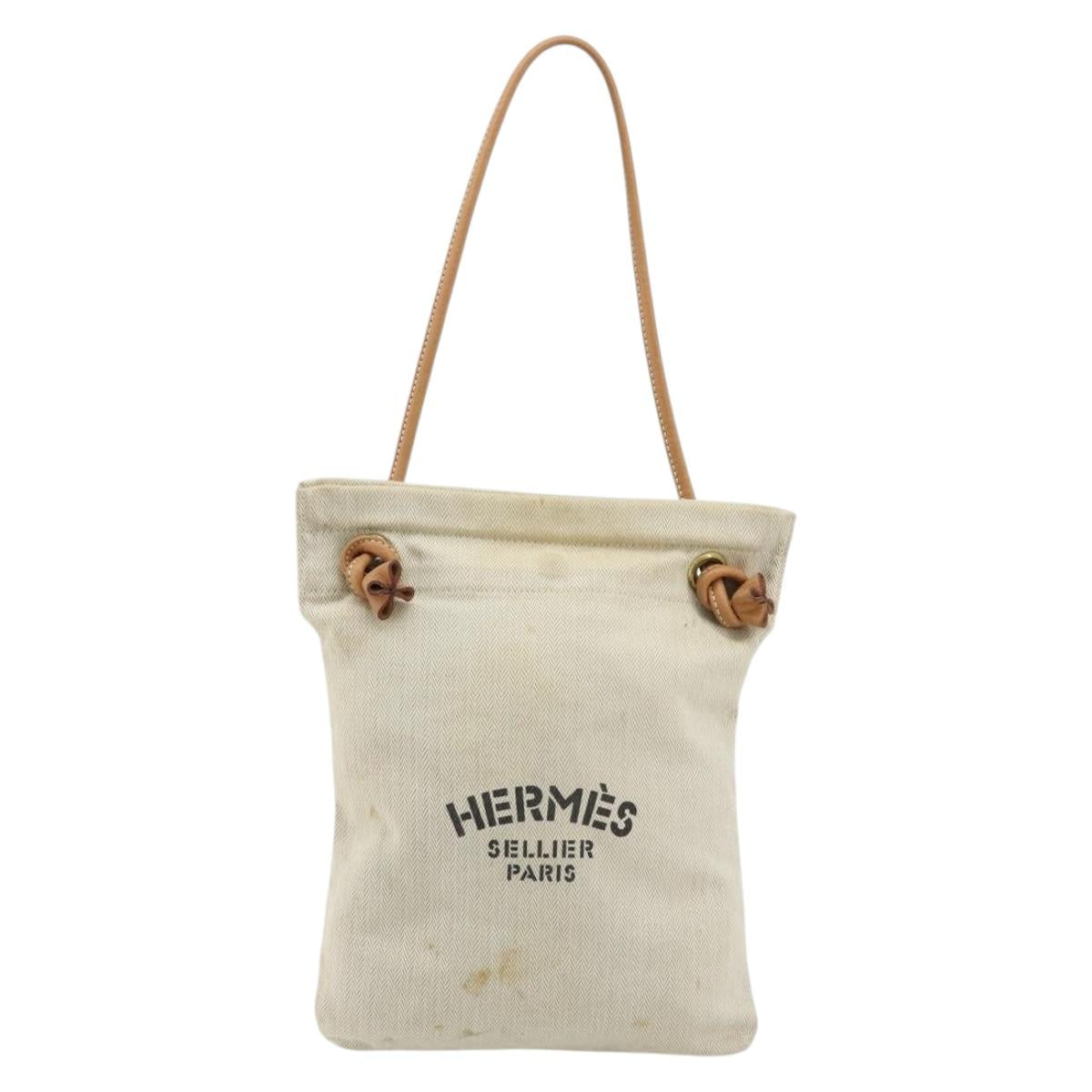 HERMES Hand Bag Canvas Beige Gold Auth BA12373