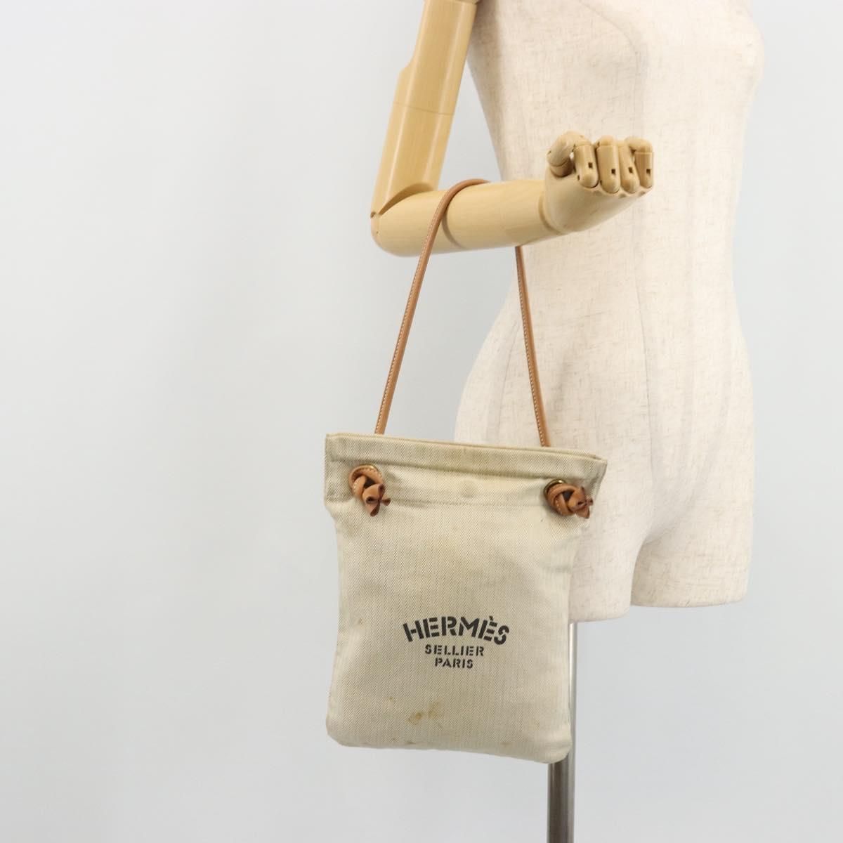 HERMES Hand Bag Canvas Beige Gold Auth BA12373