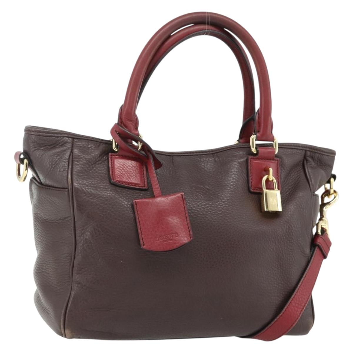 LOEWE Anagram Hand Bag Leather 2way Brown Gold Auth BA12376A