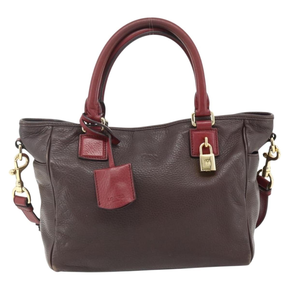 LOEWE Anagram Hand Bag Leather 2way Brown Gold Auth BA12376A