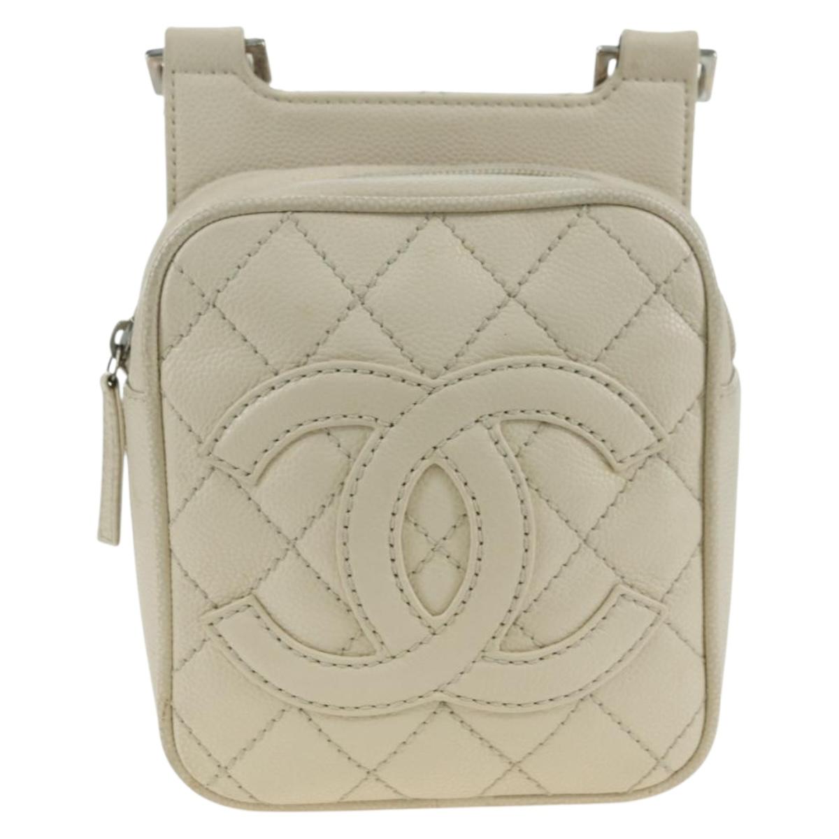CHANEL Matelasse Shoulder Bag Caviar Skin Ivory Gold CC Auth BA12379V