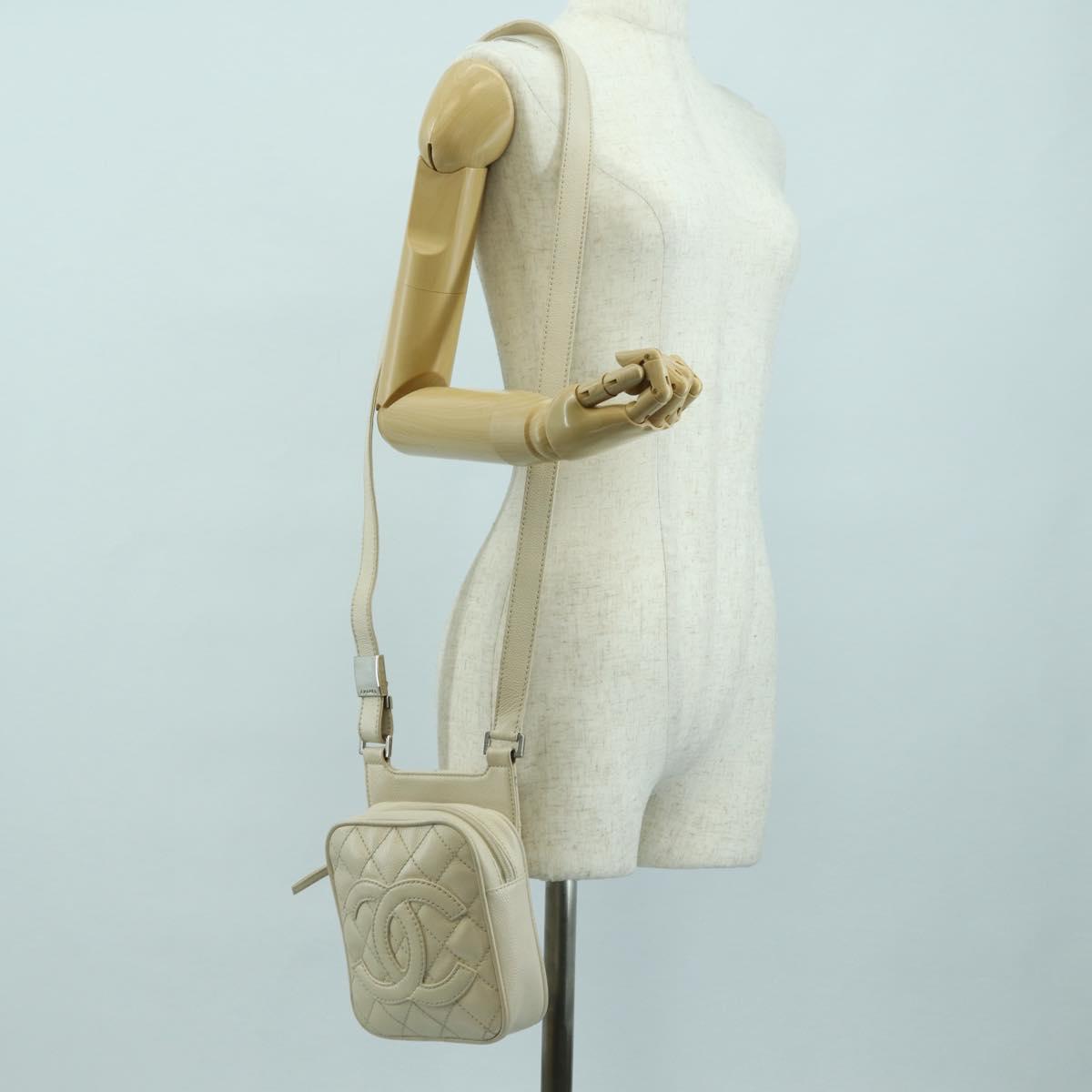 CHANEL Matelasse Shoulder Bag Caviar Skin Ivory Gold CC Auth BA12379V