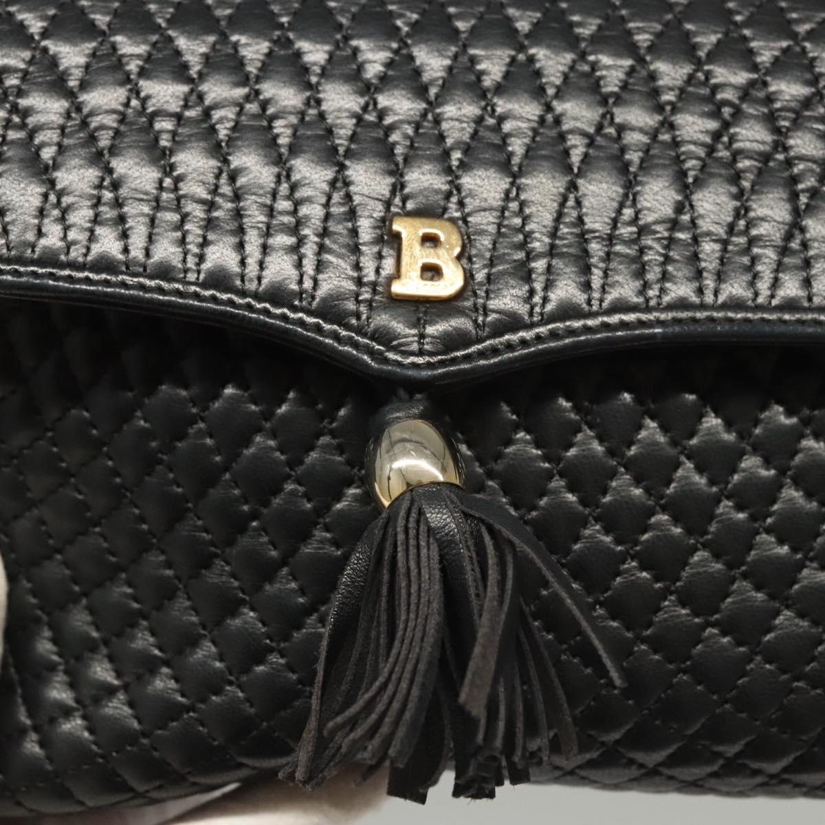 BALLY Quilted Chain Shoulder Bag Leather Black Gold Auth BA1239