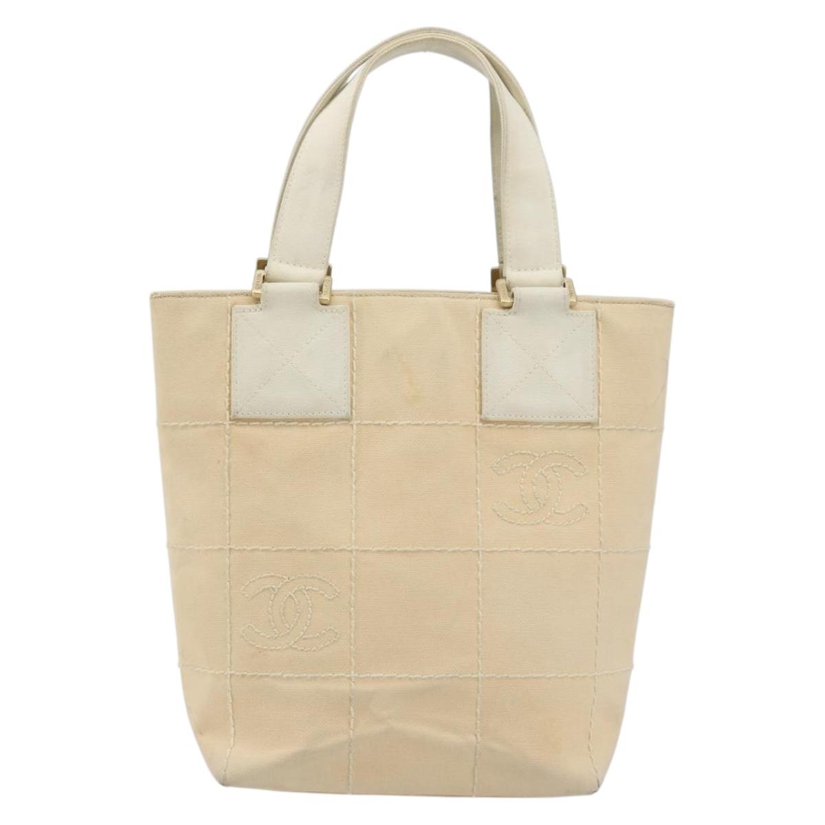 CHANEL Choco Bar Wild Stitch Hand Bag Canvas Beige Gold CC Auth BA12400A