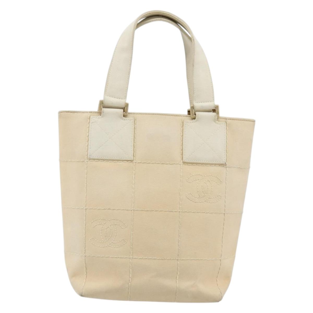 CHANEL Choco Bar Wild Stitch Hand Bag Canvas Beige Gold CC Auth BA12400A