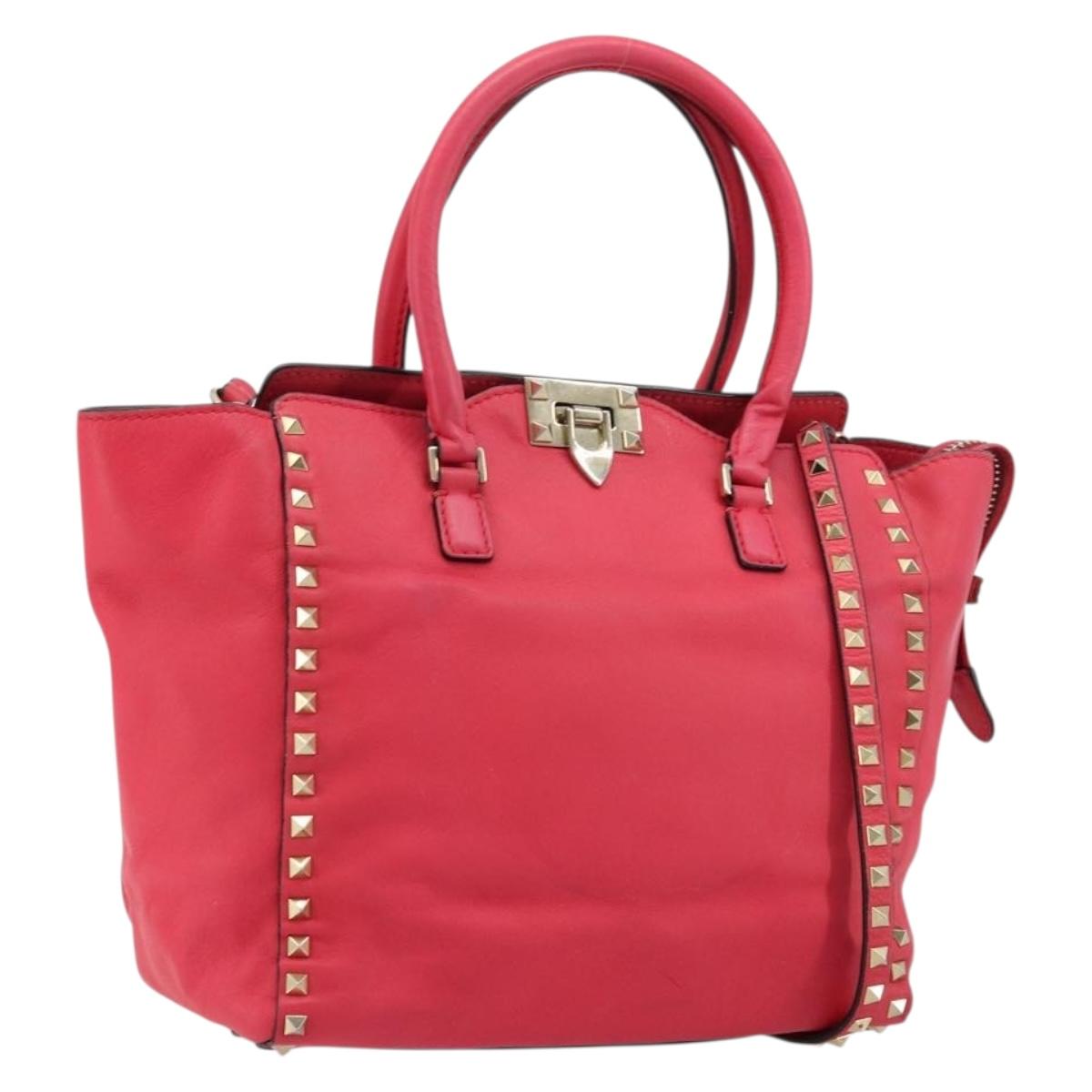 VALENTINO Tote Bag Leather 2way Red Gold Auth BA12401