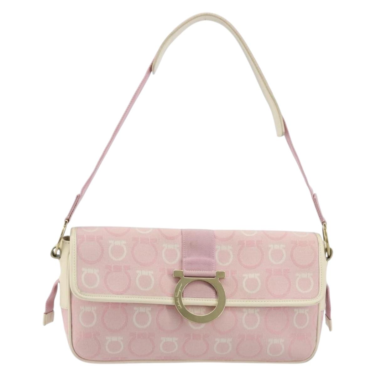 Salvatore Ferragamo Gancini Shoulder Bag Canvas Pink Gold Auth BA12412