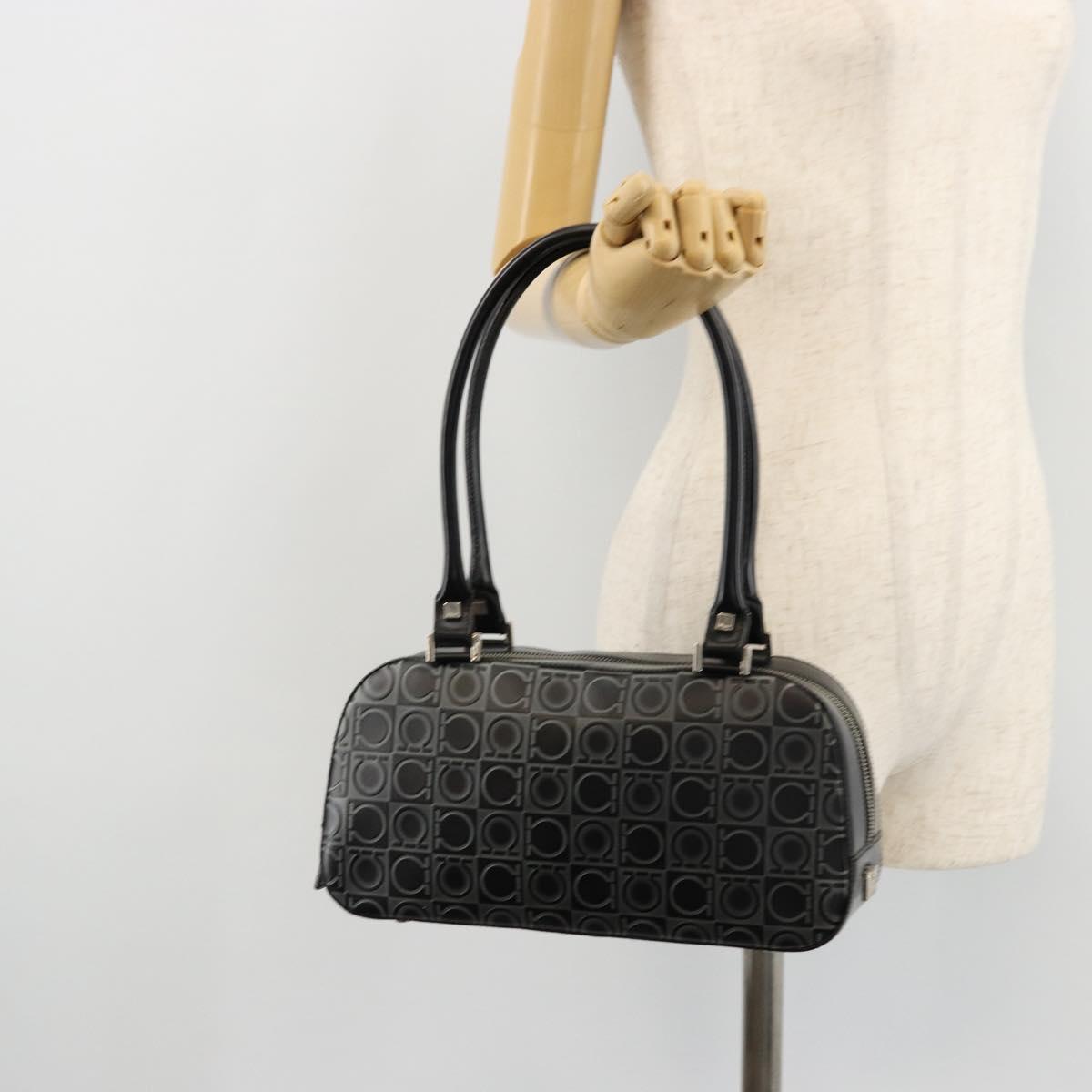Salvatore Ferragamo Gancini Hand Bag Leather Black Silver Auth BA12414A