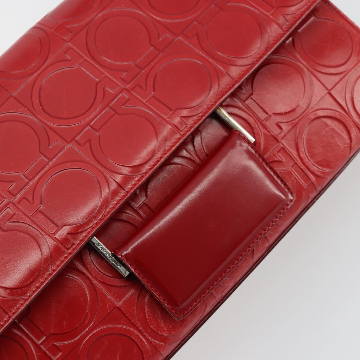 Salvatore Ferragamo Gancini Hand Bag Leather Red Silver Auth BA12430