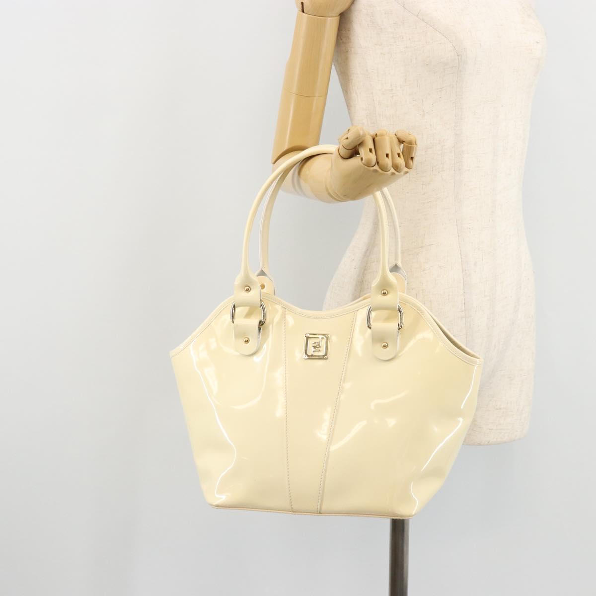 FENDI Hand Bag Patent leather Ivory Gold Auth BA12442A