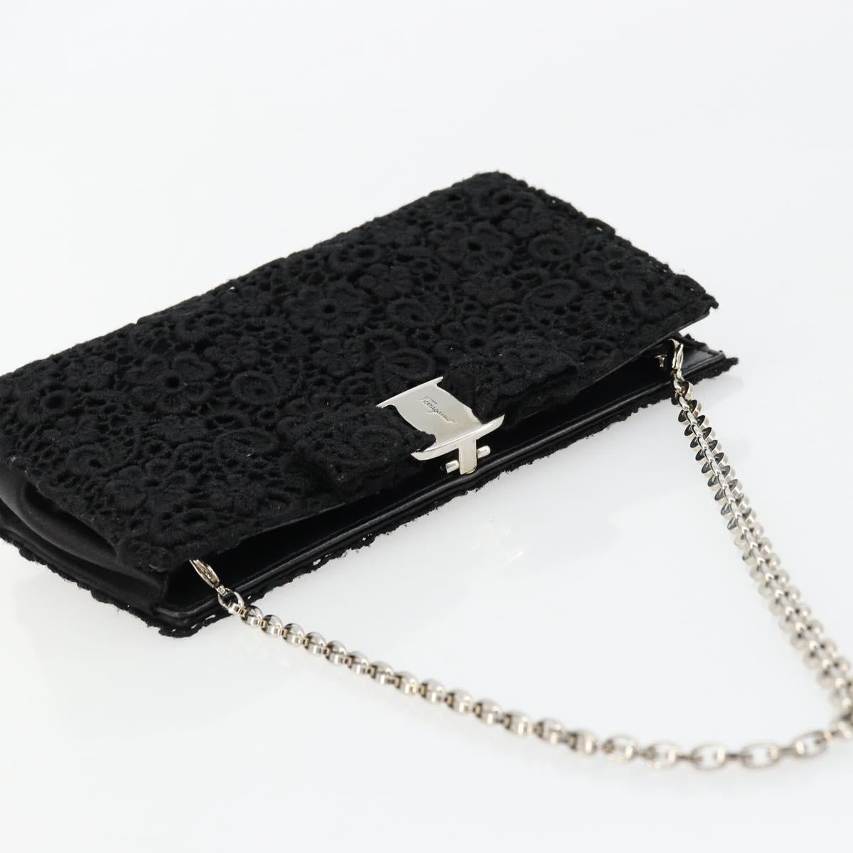 Salvatore Ferragamo Vara ribbon Chain Hand Bag Canvas Black Silver Auth BA12444A