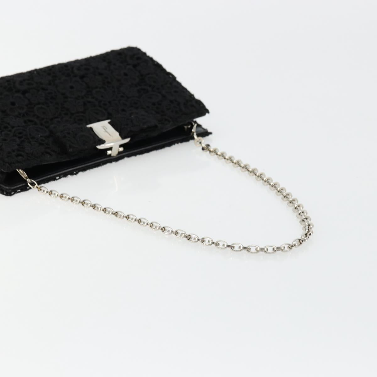 Salvatore Ferragamo Vara ribbon Chain Hand Bag Canvas Black Silver Auth BA12444A