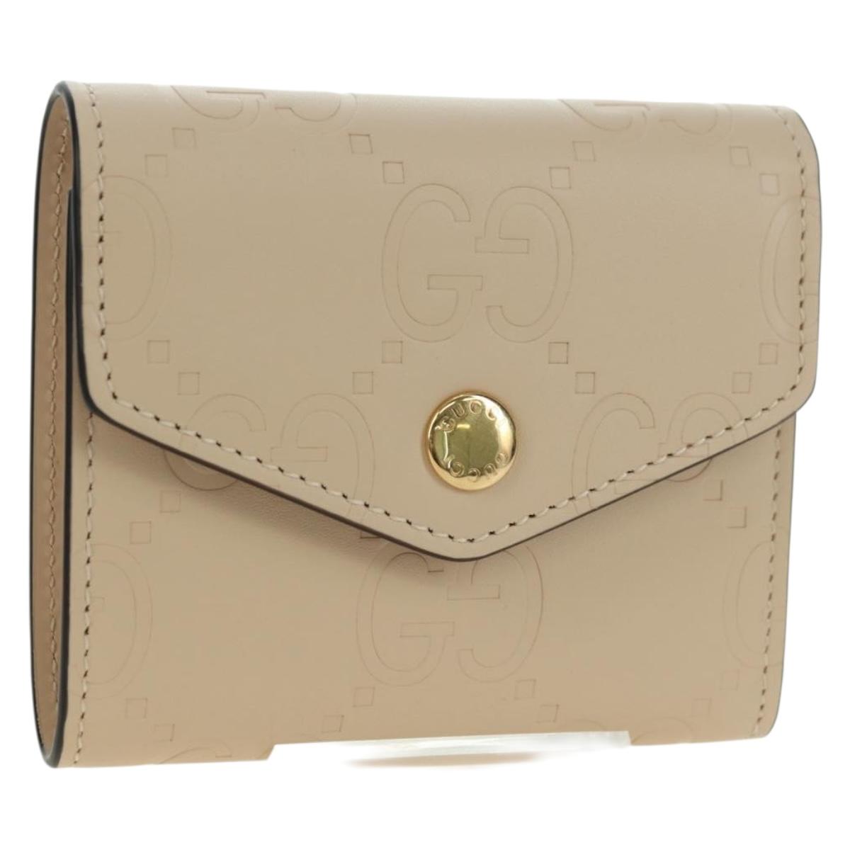 GUCCI GG Canvas Trifold Wallet Leather Beige Gold 772793 Auth BA12477M