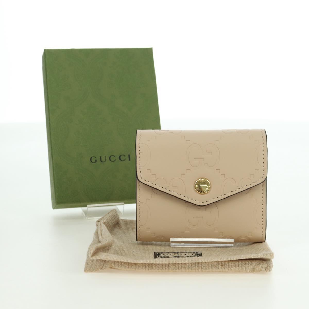 GUCCI GG Canvas Trifold Wallet Leather Beige Gold 772793 Auth BA12477M