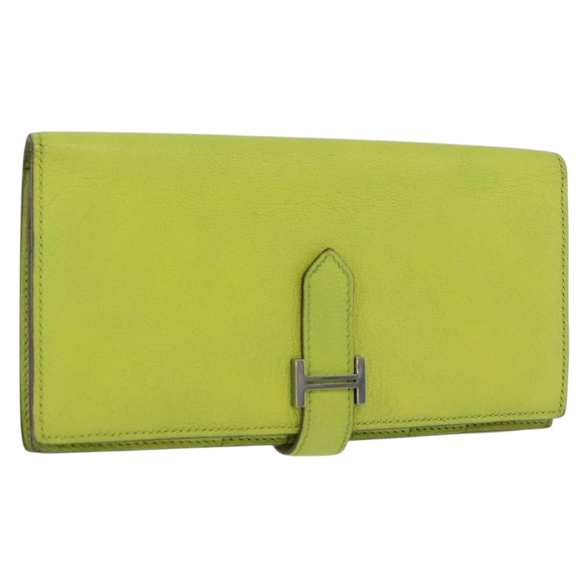 HERMES Bearn Soufflet Wallet Leather Green Auth BA12491A