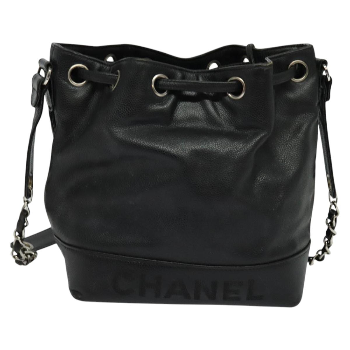 CHANEL Shoulder Bag Caviar Skin Black Silver CC Auth BA125