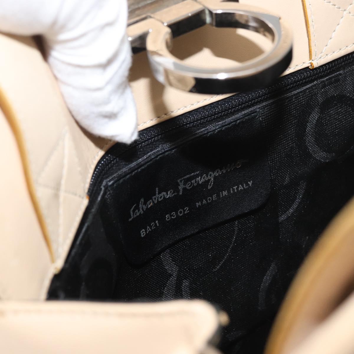 Salvatore Ferragamo Gancini Hand Bag Leather 2way Beige Silver Auth BA12510