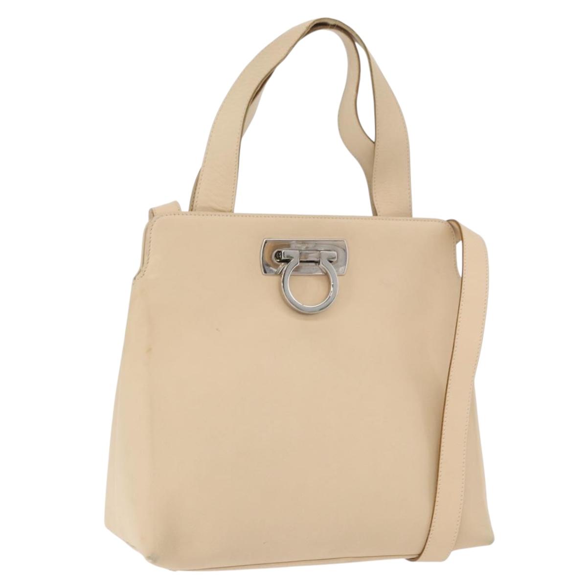 Salvatore Ferragamo Gancini Hand Bag Leather 2way Beige Silver Auth BA12510