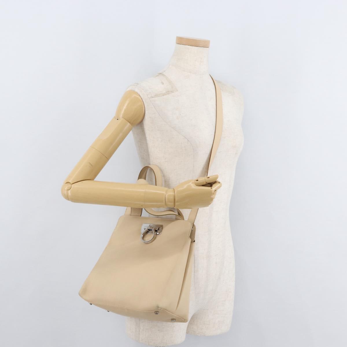 Salvatore Ferragamo Gancini Hand Bag Leather 2way Beige Silver Auth BA12510