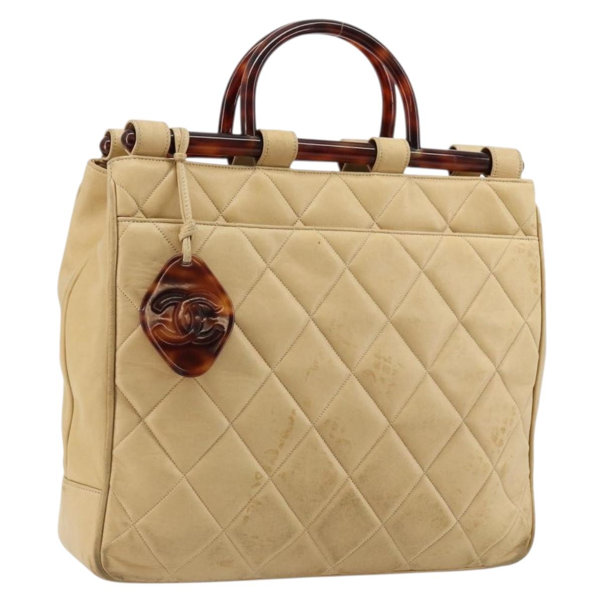 CHANEL Matelasse Hand Bag Lamb Skin Beige CC Auth BA12511