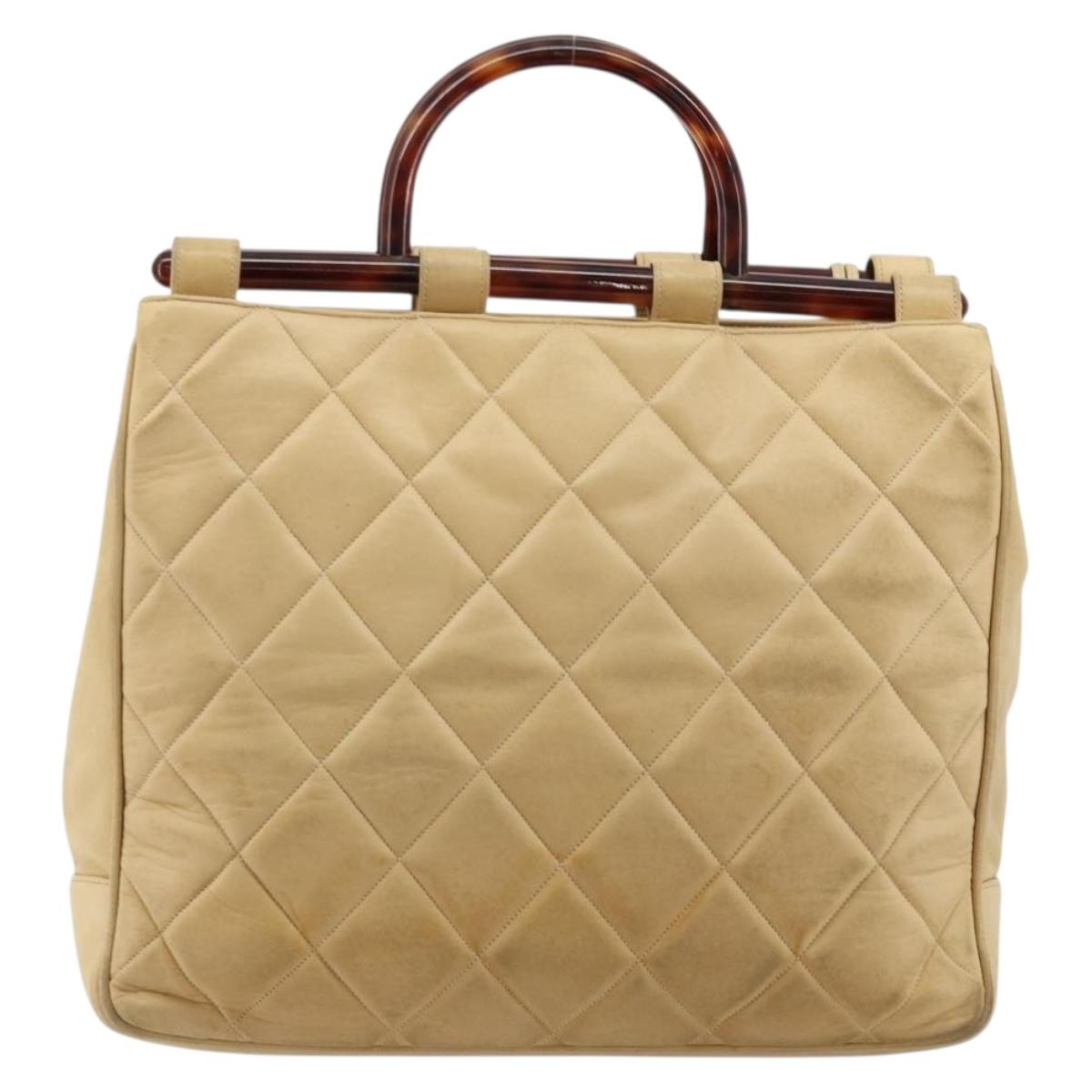 CHANEL Matelasse Hand Bag Lamb Skin Beige CC Auth BA12511