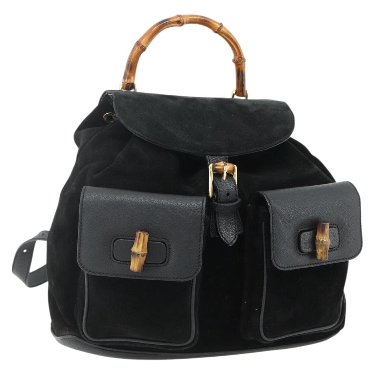 GUCCI Bamboo Backpack Suede Leather Black Gold Auth BA12515