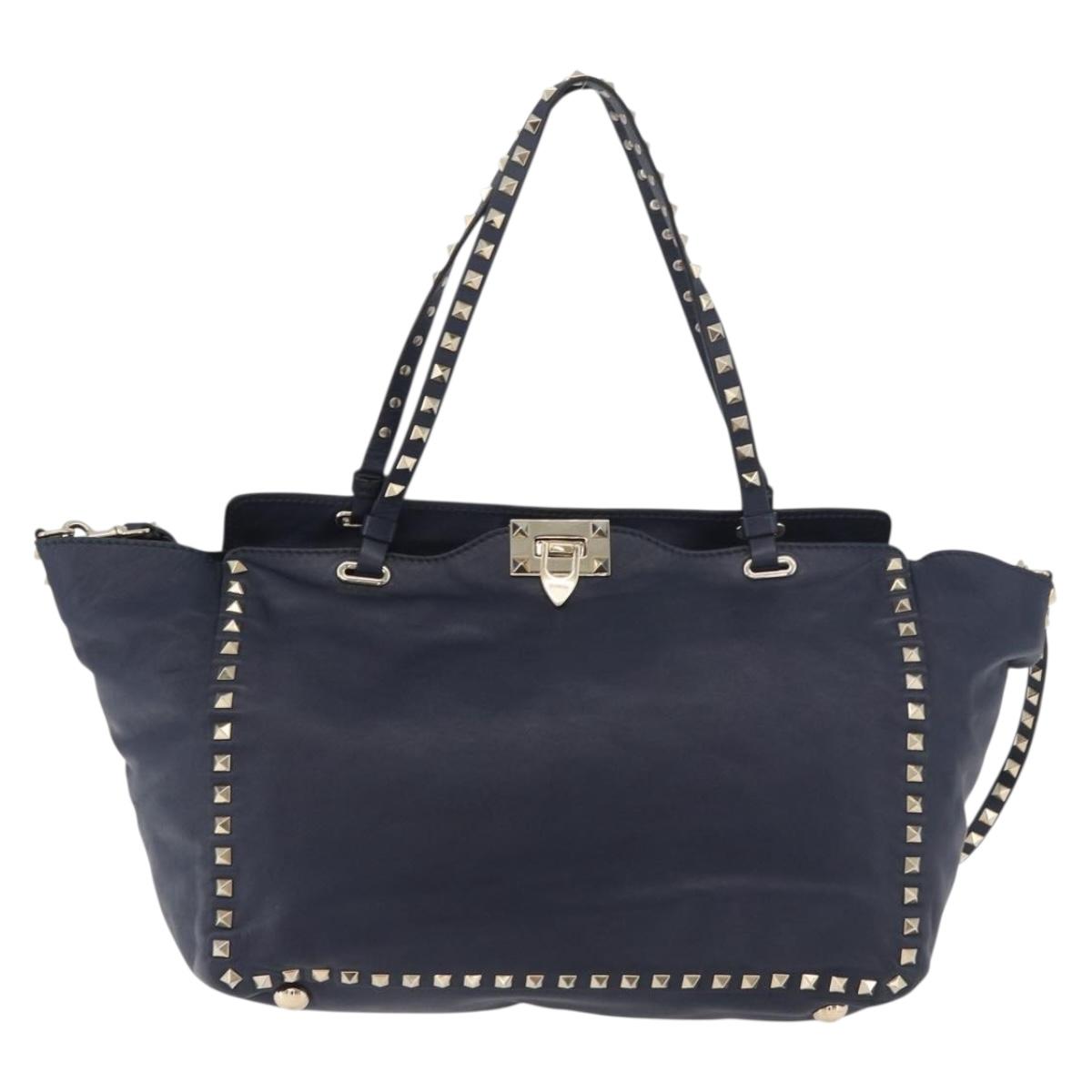 VALENTINO Tote Bag Leather 2way Navy Gold Auth BA12517A