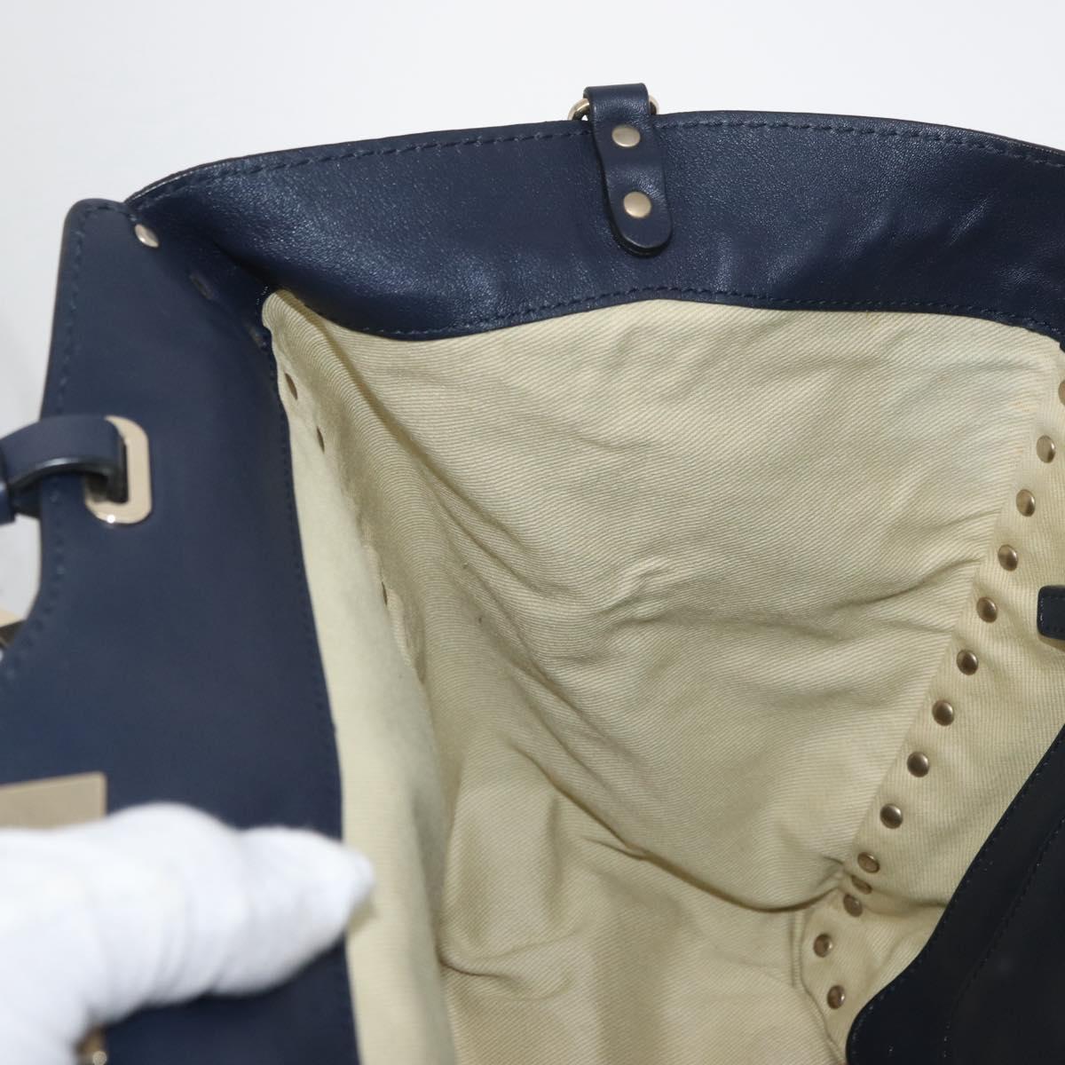 VALENTINO Tote Bag Leather 2way Navy Gold Auth BA12517A
