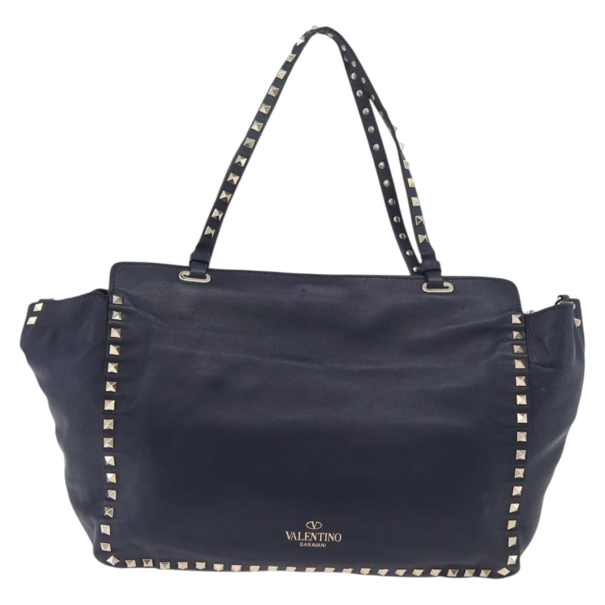 VALENTINO Tote Bag Leather 2way Navy Gold Auth BA12517A