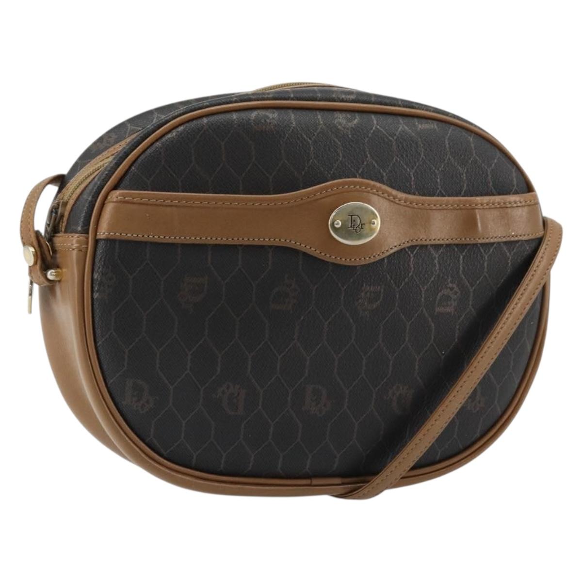 Christian Dior Honeycomb Canvas Shoulder Bag PVC Black Gold Auth BA12519