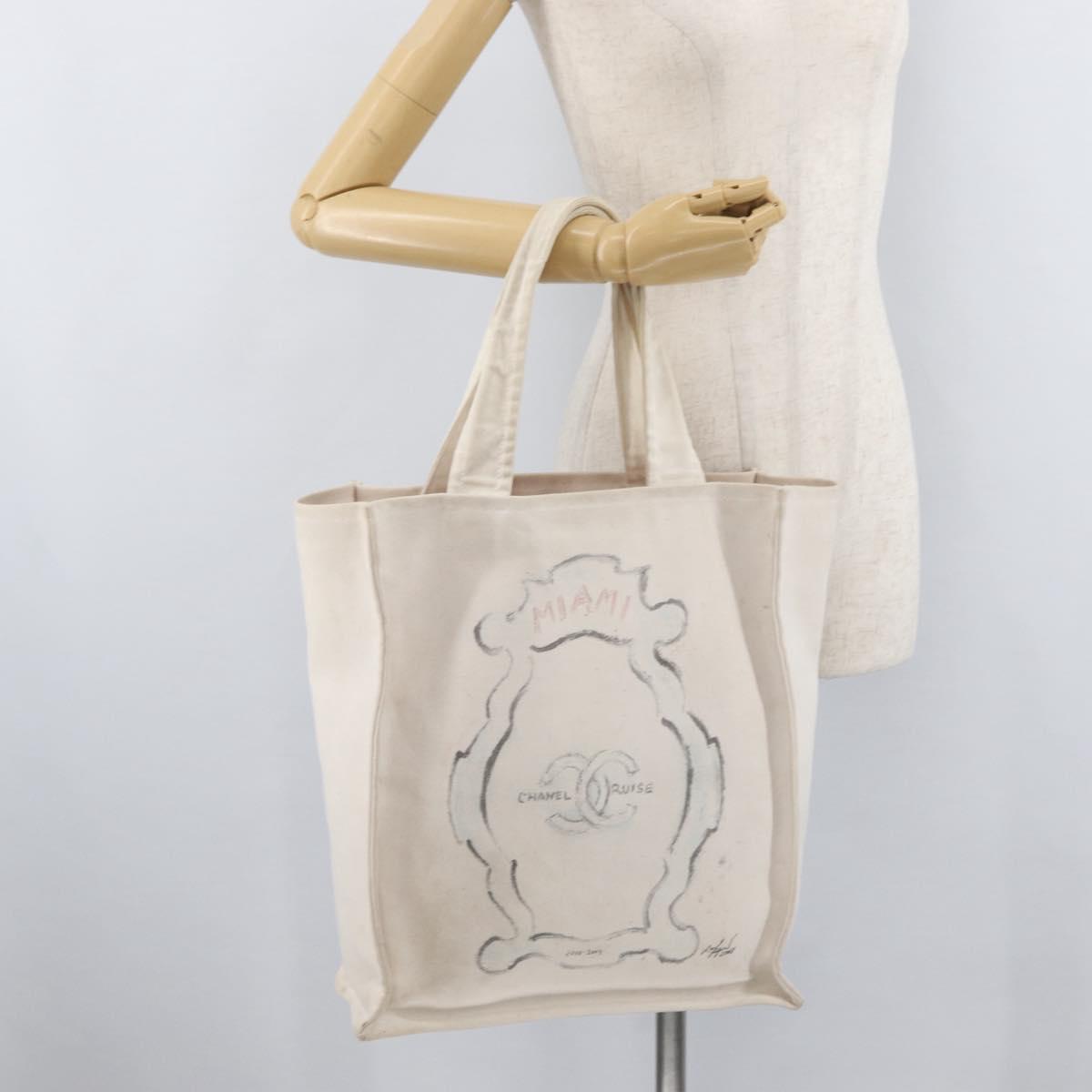 CHANEL Tote Bag Canvas White Silver CC Auth BA12534A