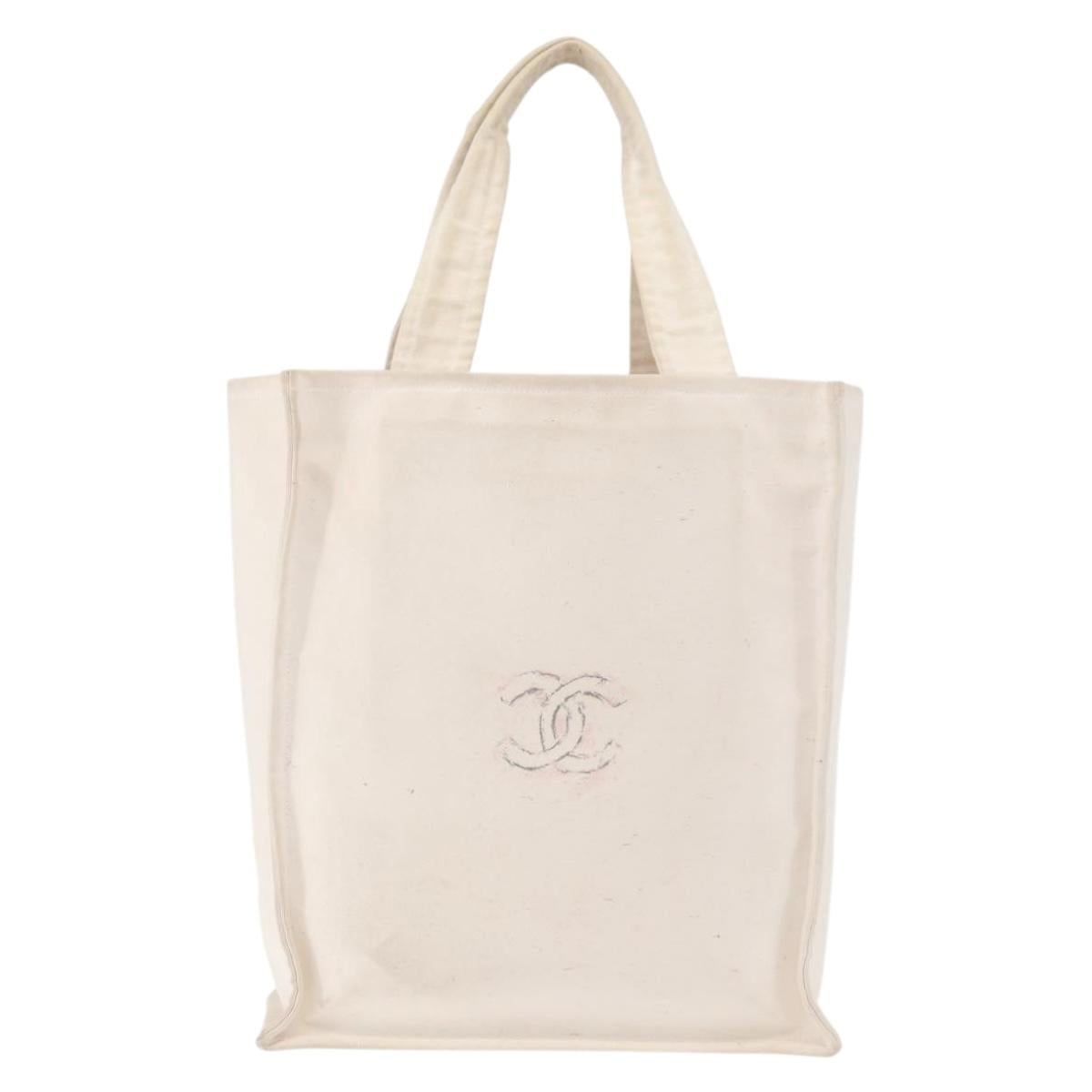 CHANEL Tote Bag Canvas White Silver CC Auth BA12534A