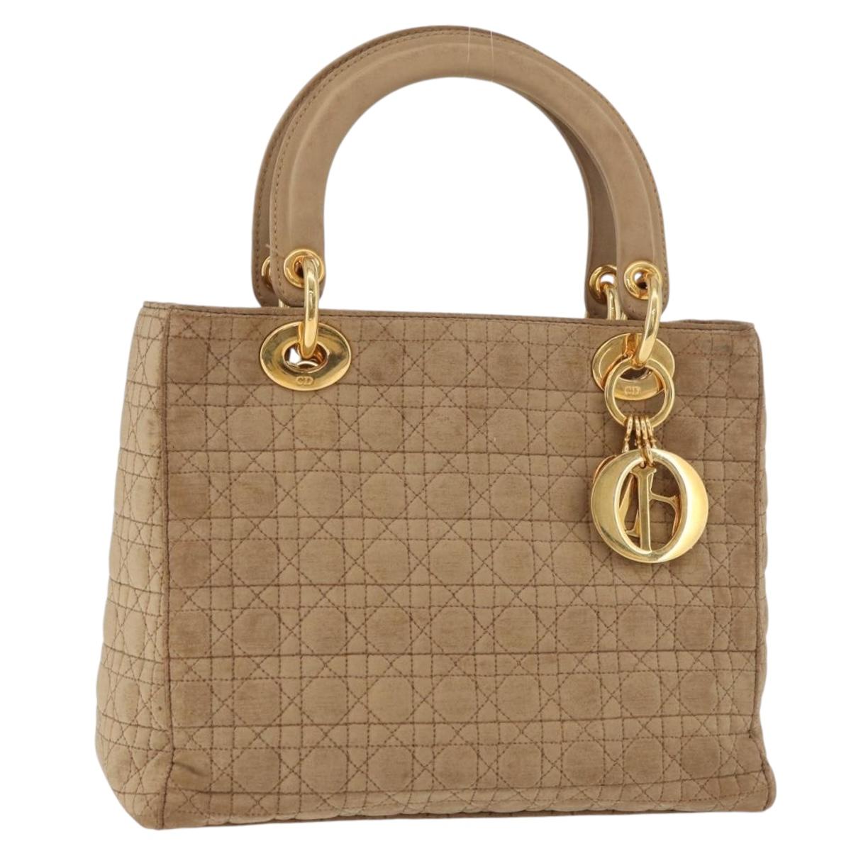 Christian Dior Lady Dior Canage Hand Bag Nylon Beige Gold Auth BA12538