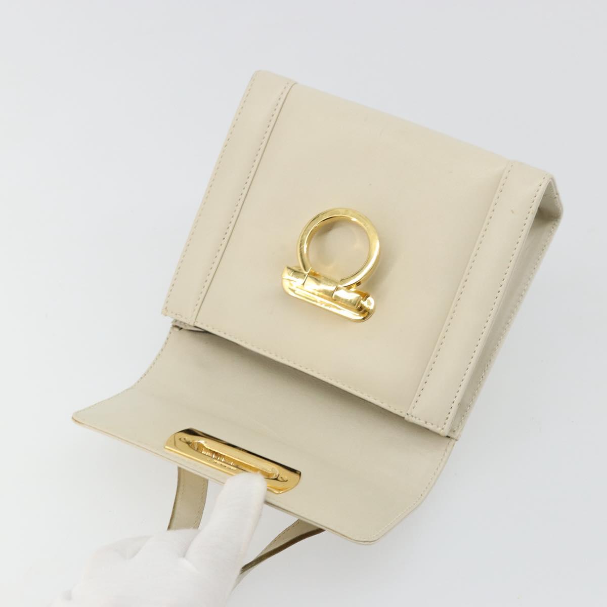 Salvatore Ferragamo Gancini Shoulder Bag Leather White Gold Auth BA12539