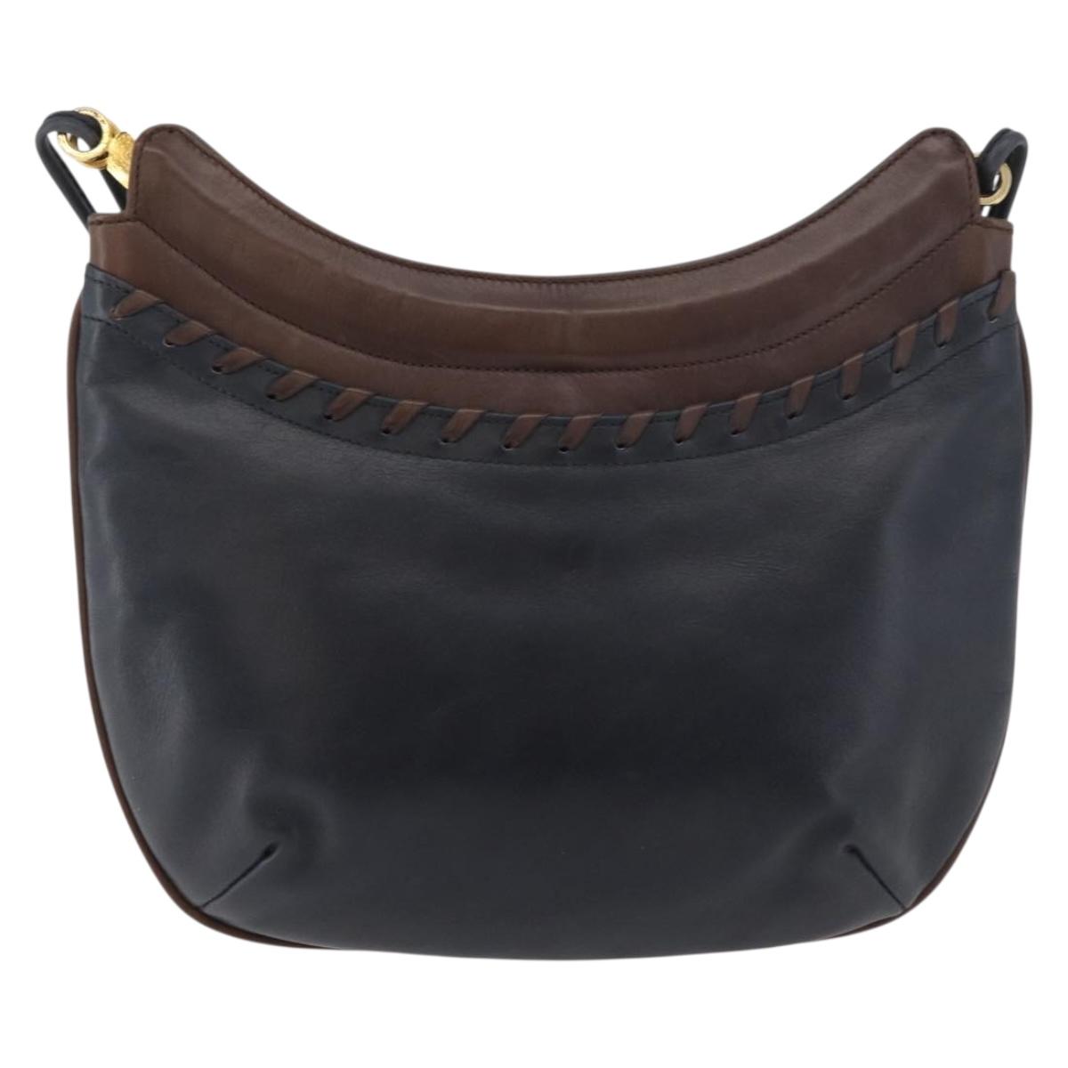 BALLY Shoulder Bag Leather Navy Gold Auth BA12544