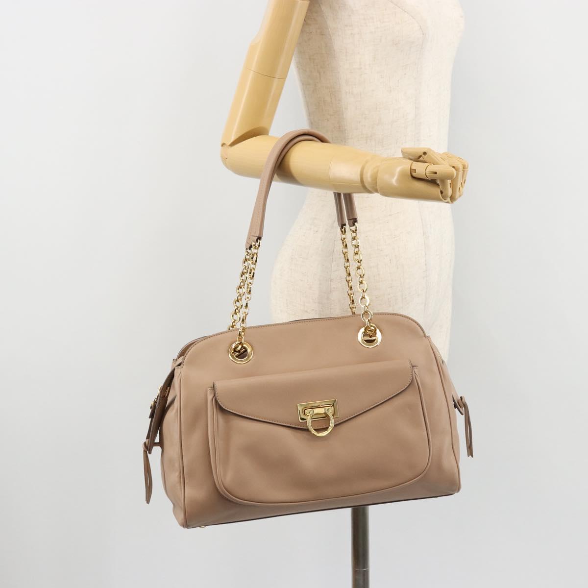 Salvatore Ferragamo Gancini Chain Tote Bag Leather Pink Gold Auth BA12546A