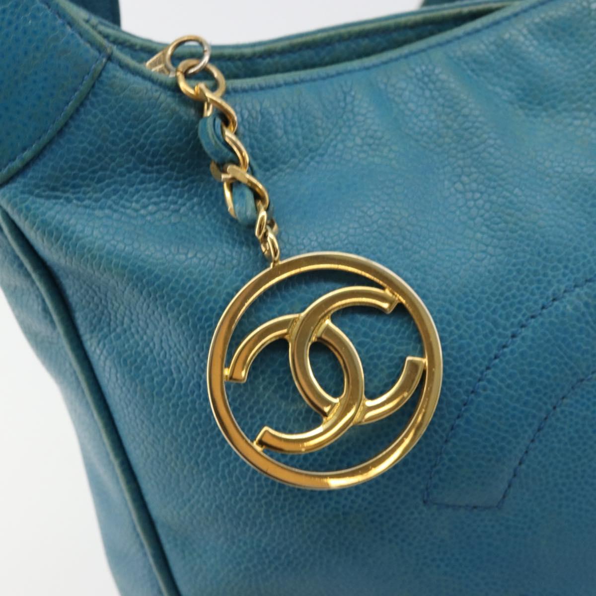 CHANEL Shoulder Bag Caviar Skin Blue Gold CC Auth BA12548A