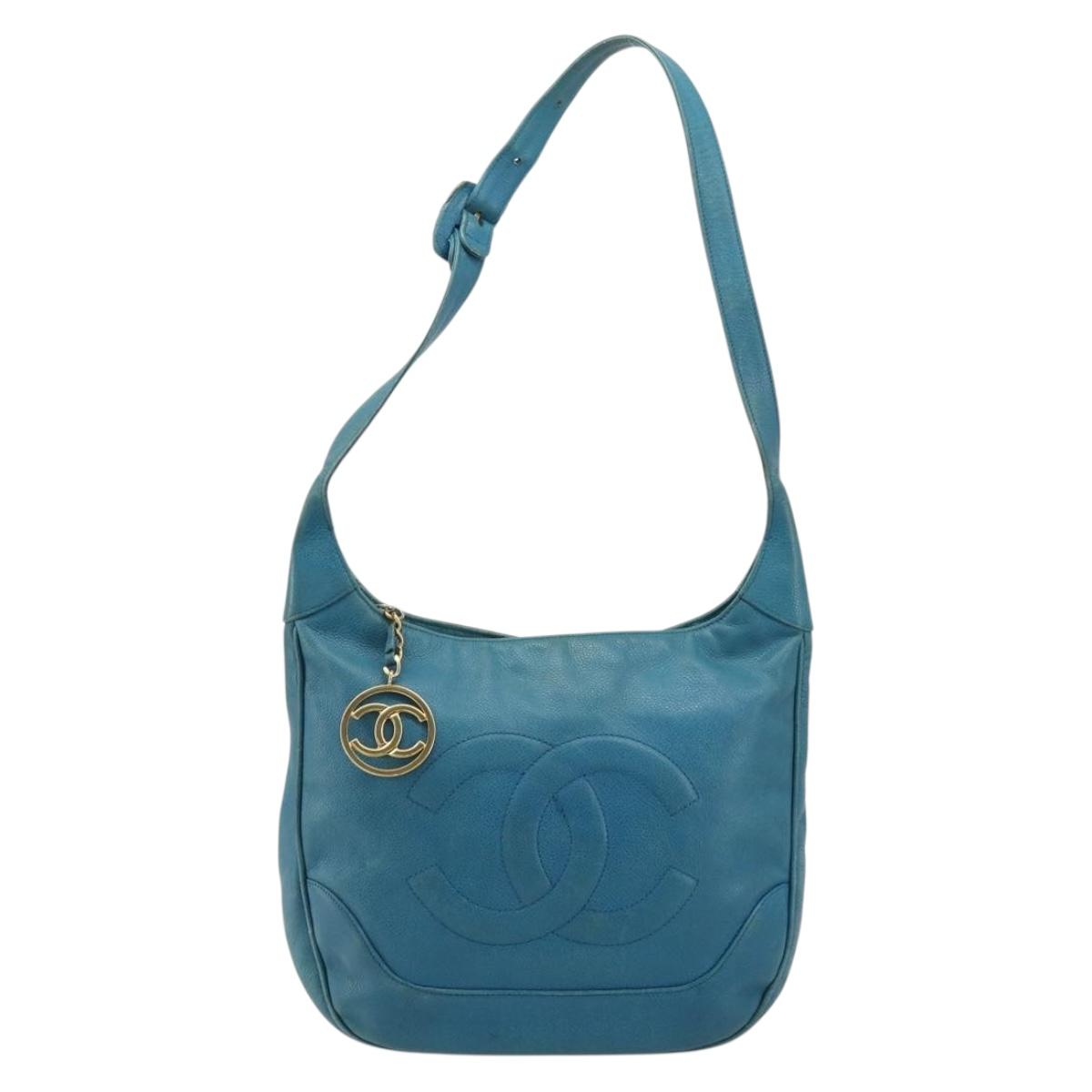 CHANEL Shoulder Bag Caviar Skin Blue Gold CC Auth BA12548A