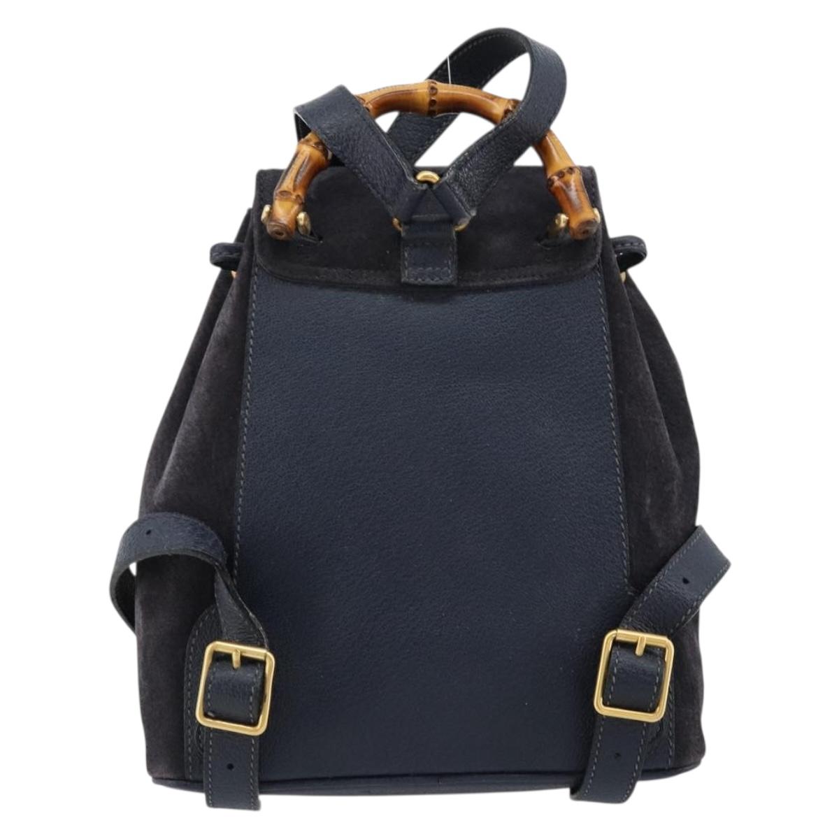 GUCCI Bamboo Backpack Suede Navy Gold 003 2034 0030 Auth BA12560